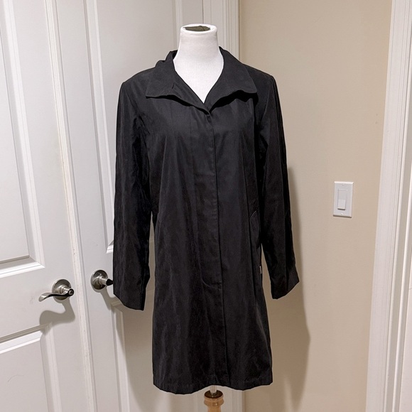 London Fog Mid Length Suede Classic Black Hidden Button Trench Coat Size Large - Picture 1 of 9